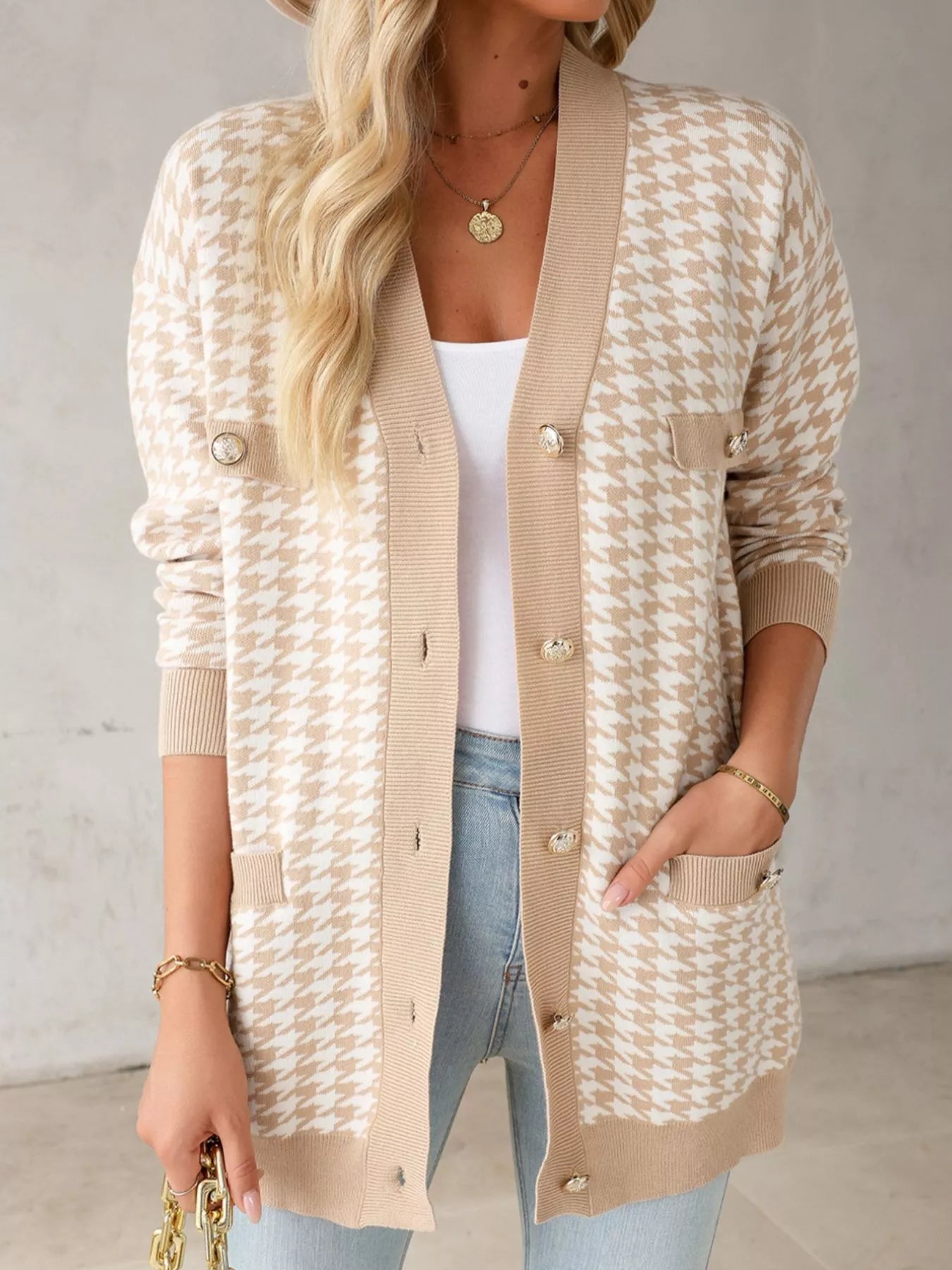 Contrast Edge Metal Button Slim Cardigan with Pockets - Tigbul's Variety Fashion Shop