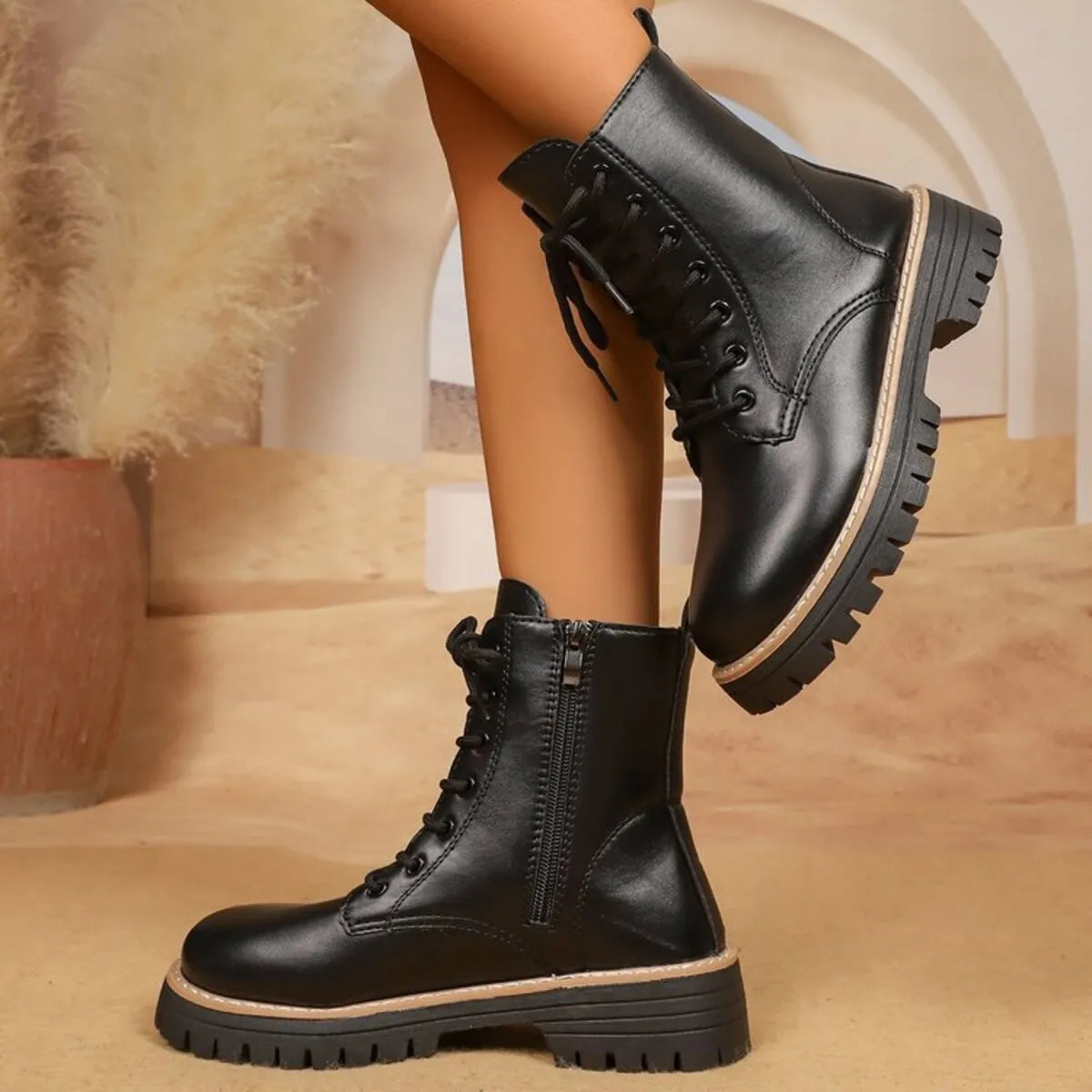 Lace Up Leather Combat Boots with Chunky Sole - Tigbul's Variety Fashion Shop