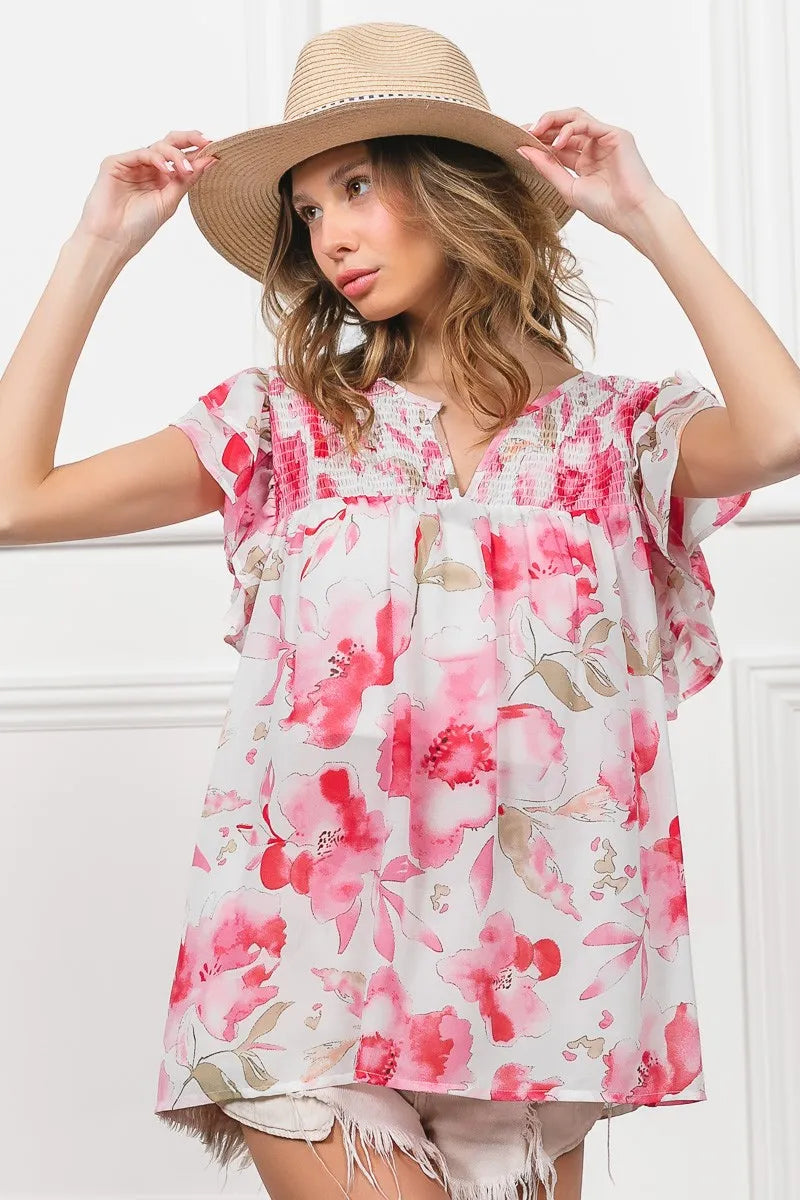 BiBi Floral Print Flutter Sheer Top - Tigbul's Variety Fashion Shop