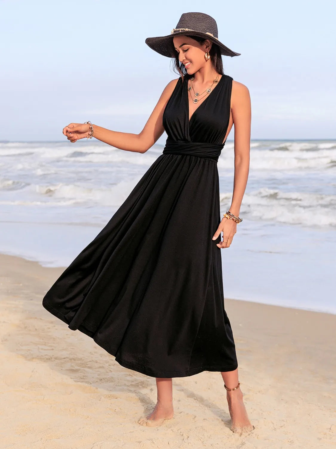 Surplice Sleeveless Ruched Black Midi Dress - Tigbul's Variety Fashion Shop