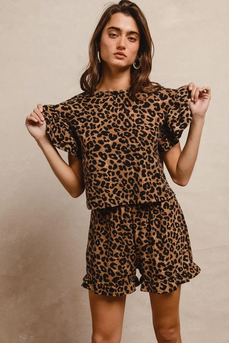 BiBi Leopard Print Waffle Texture Layered Ruffle Sleeve Top and Shorts Set - Tigbul's Variety Fashion Shop