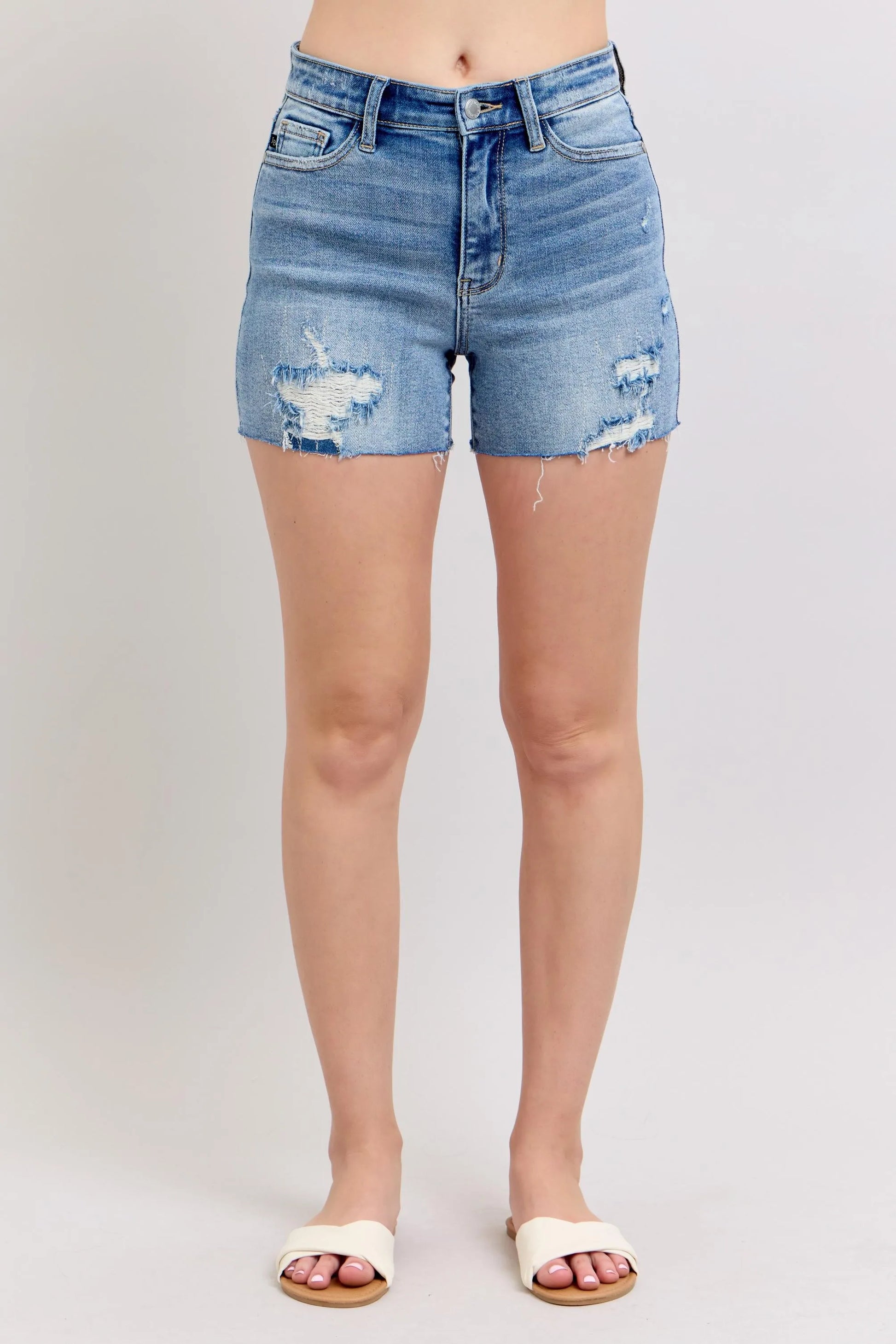 Judy Blue Full Size High Waist Denim Shorts W/stitch Over Destroy Detail Plus Size - Tigbul's Variety Fashion Shop