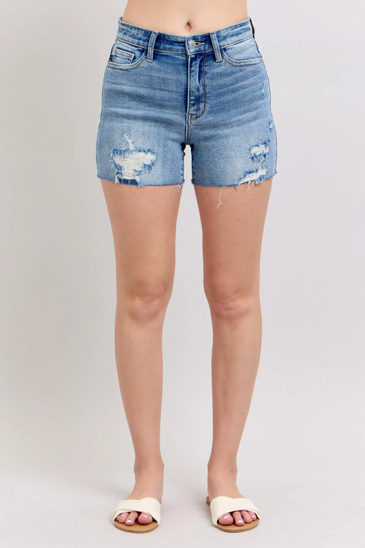 Judy Blue Full Size High Waist Denim Shorts W/stitch Over Destroy Detail Plus Size - Tigbul's Variety Fashion Shop