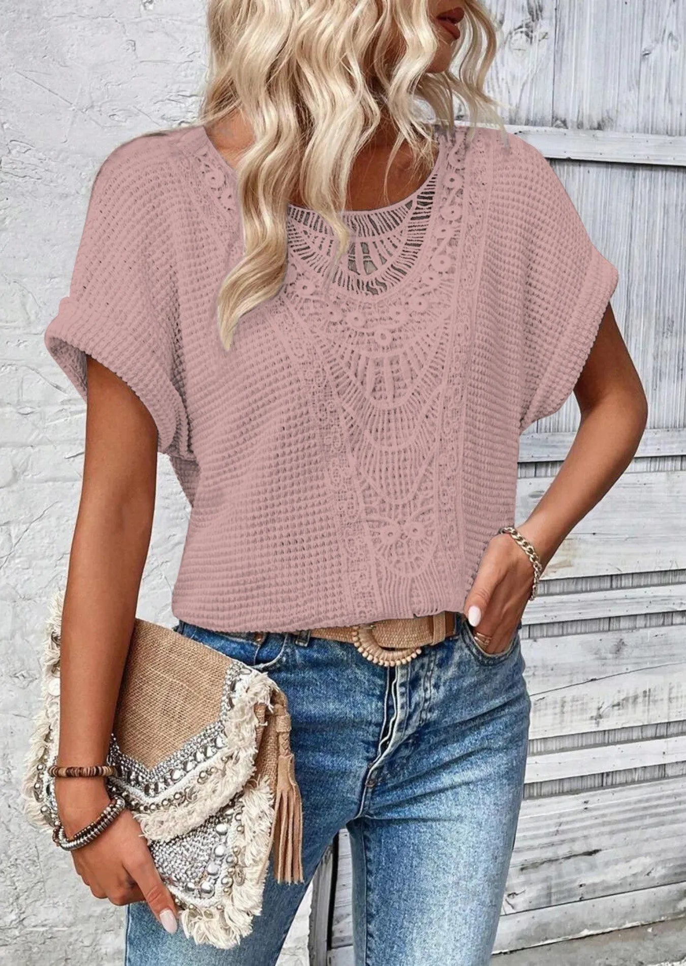 Crochet Lace Short Sleeve Casual T-Shirt - Tigbul's Variety Fashion Shop