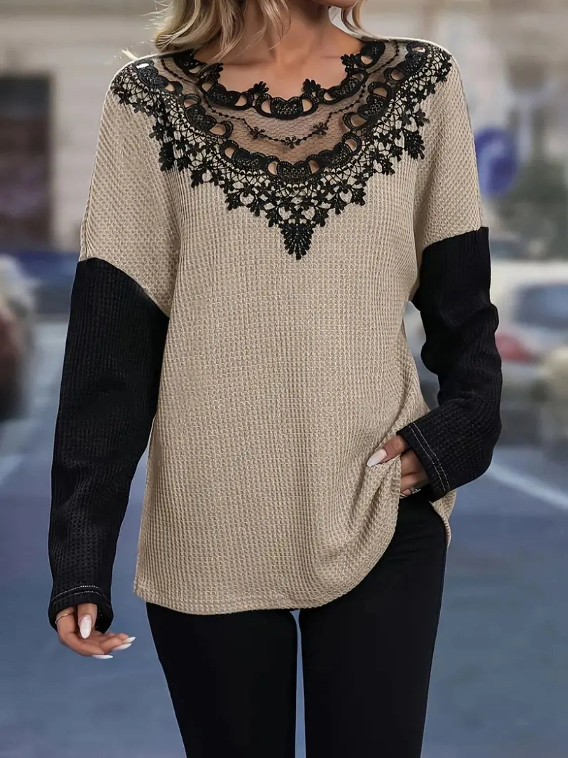 Contrast Lace Round Neck Long Sleeve T-Shirt - Tigbul's Variety Fashion Shop