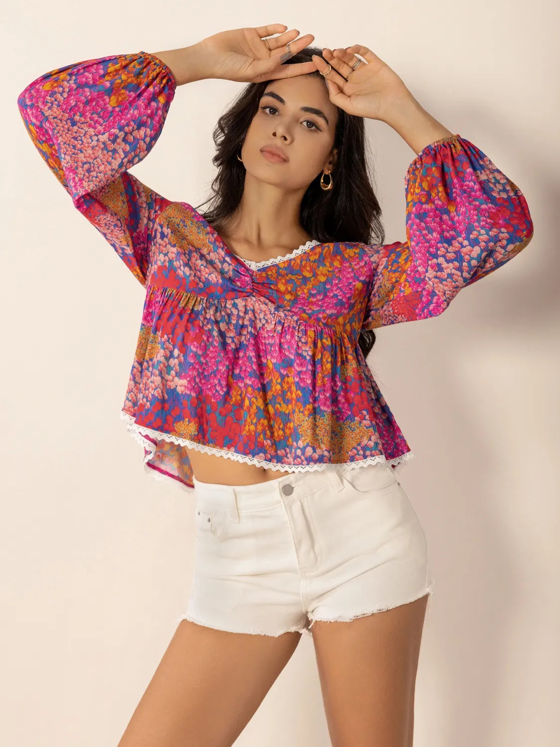 Lace Detail Printed Balloon Sleeve Top - Tigbul's Variety Fashion Shop