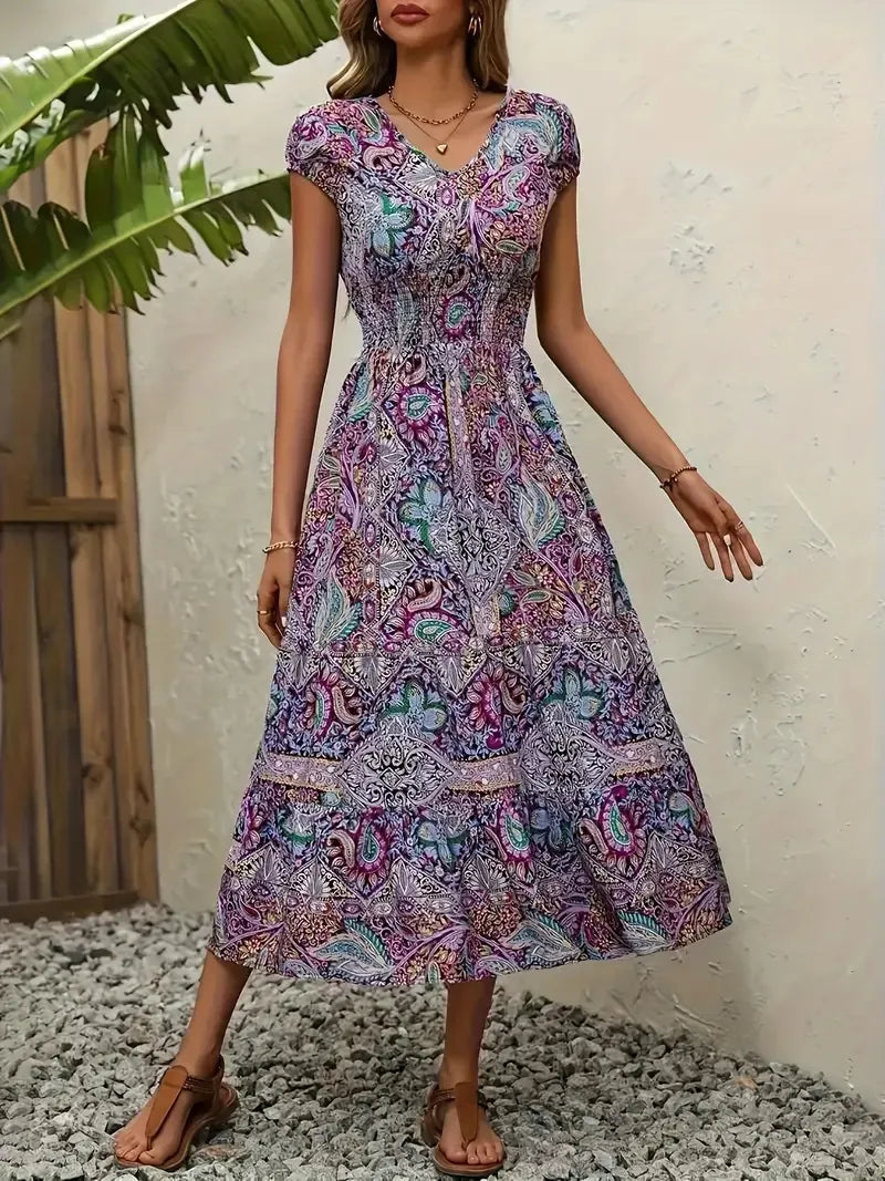 Plus Size Printed V-Neck Short Sleeve Midi Dress - Tigbul's Variety Fashion Shop