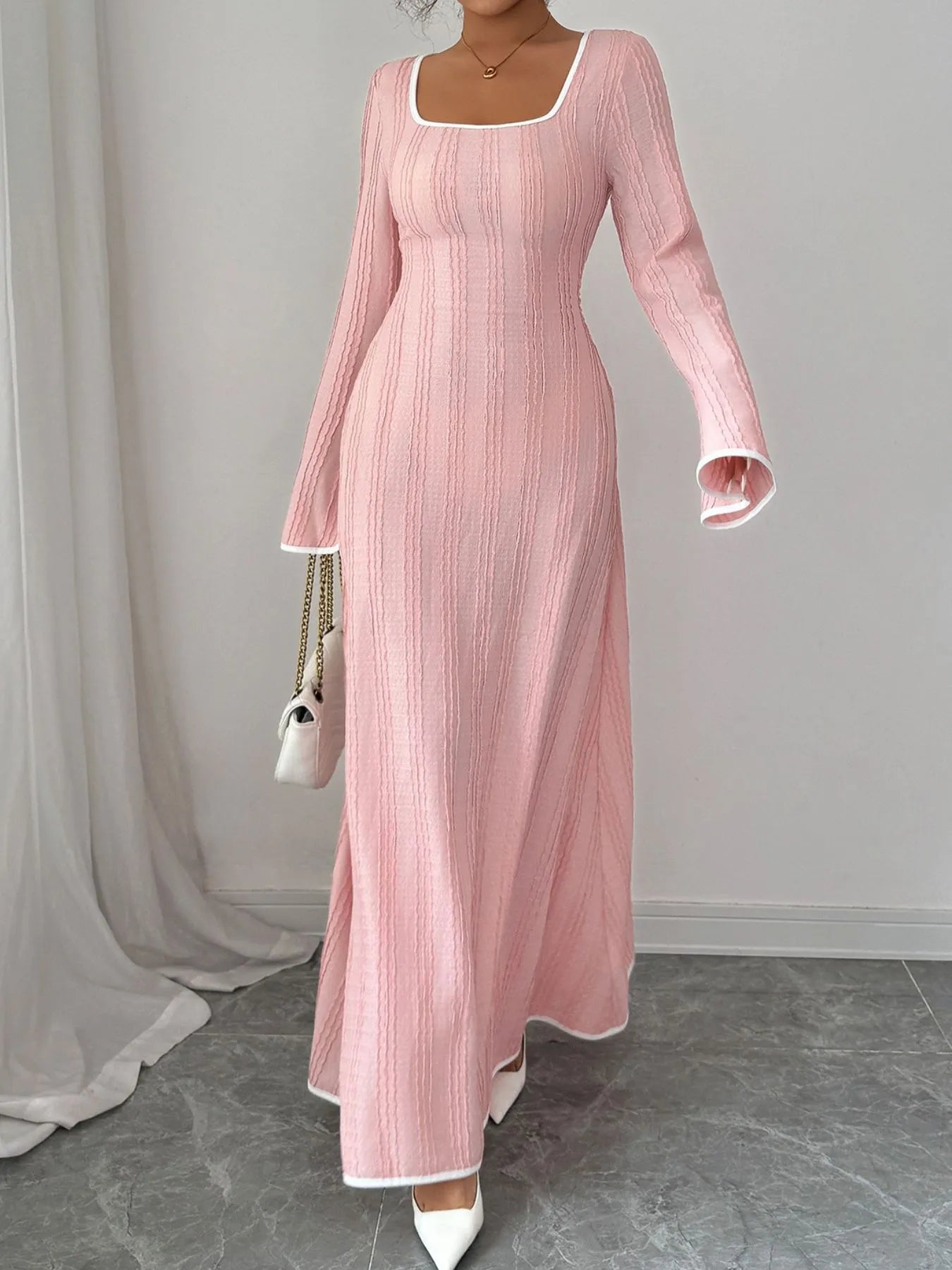 Textured Square Neck Long Sleeve Maxi Dress - Tigbul's Variety Fashion Shop