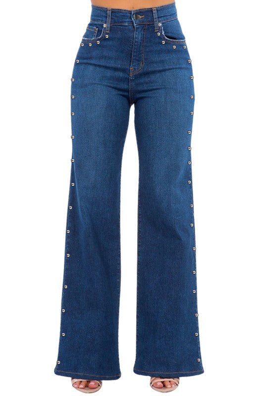 Olivia Studded Wide Leg Dark Blue Jean Pants - Tigbul's Variety Fashion Shop