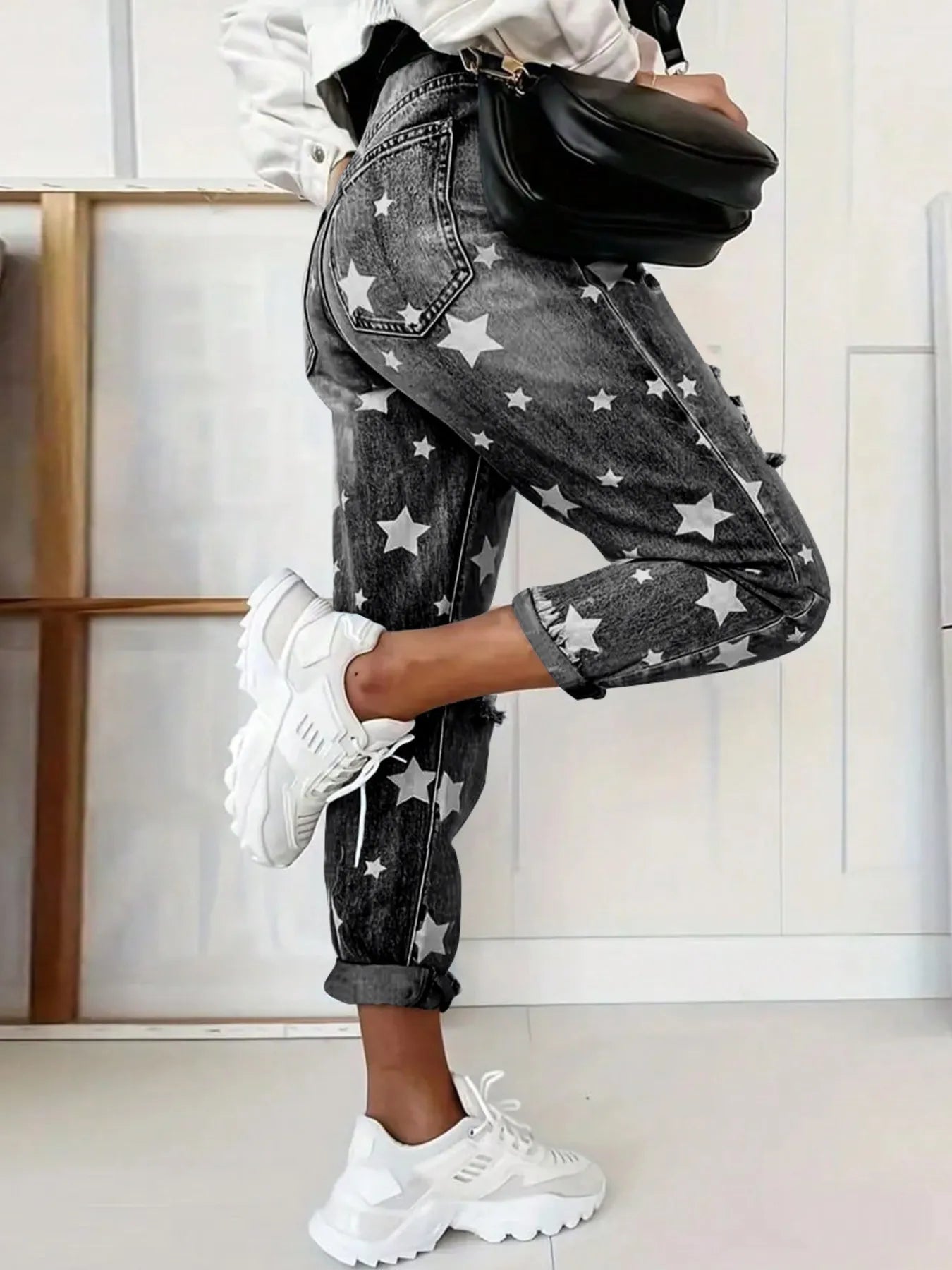 Star Print Distressed High Waist Boyfriend Jeans - Tigbul's Variety Fashion Shop