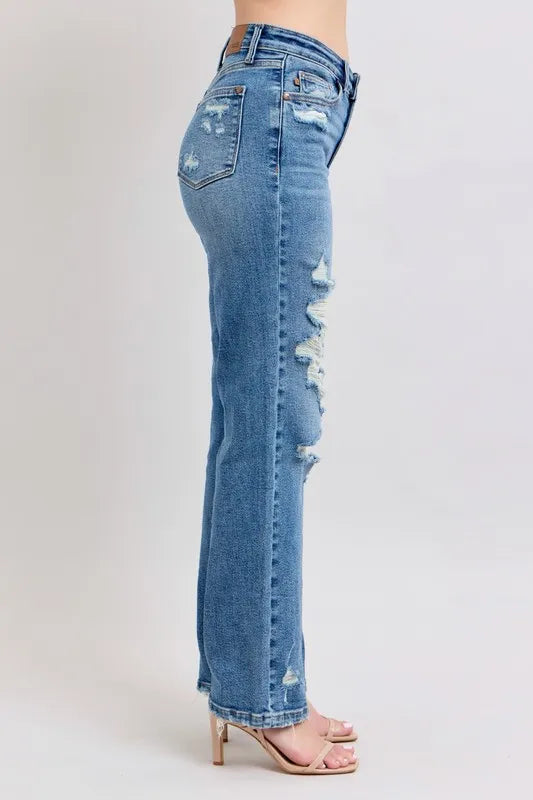 Judy Blue Full Size High Waist Heavy Destroy Straight Jeans Plus Size - Tigbul's Variety Fashion Shop