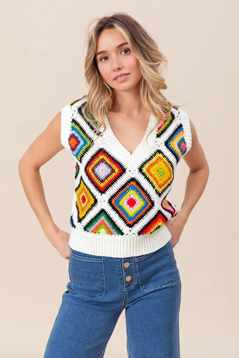 BiBi Diamond Granny Square Sweater Vest - Tigbul's Variety Fashion Shop