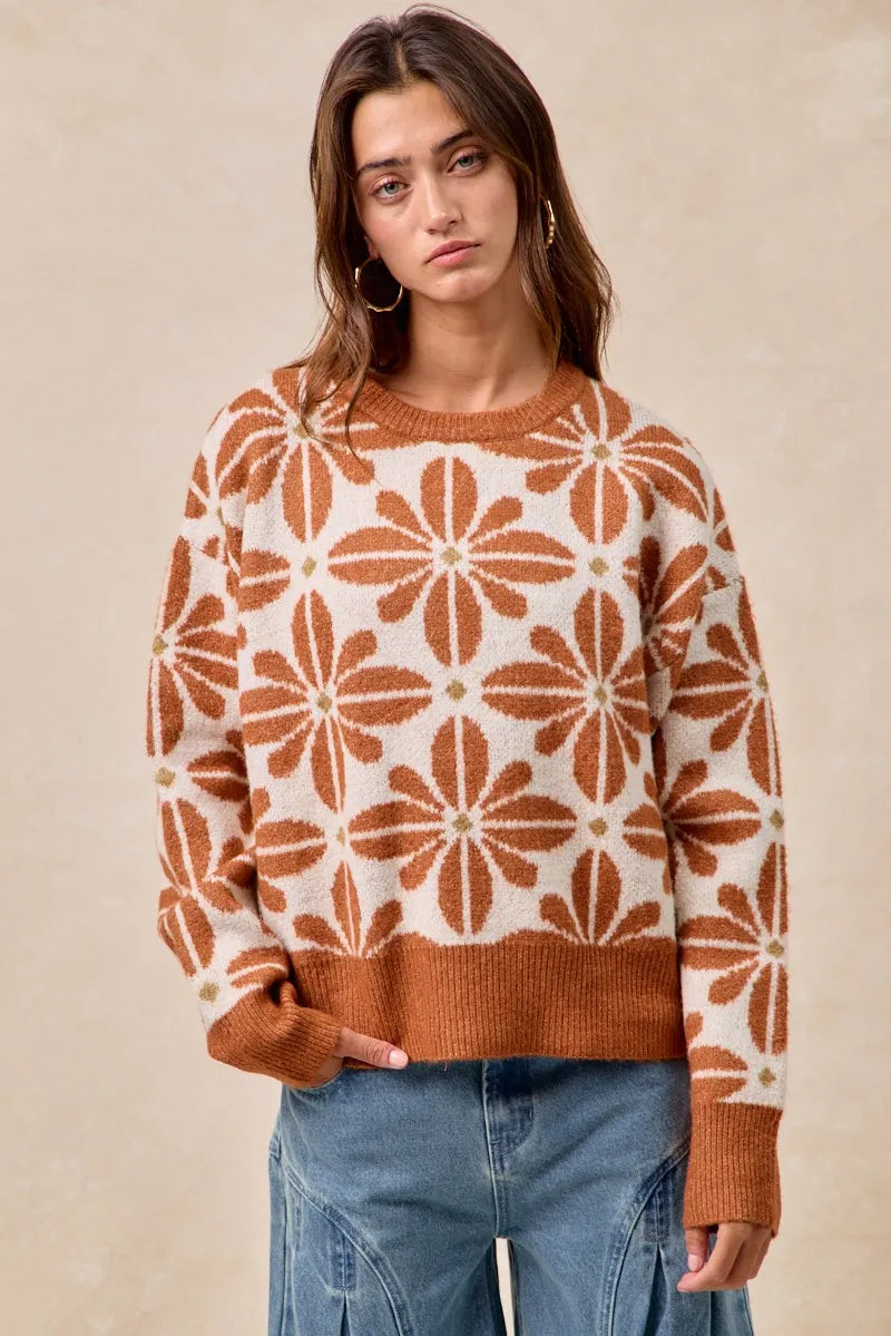 BiBi Flower Pattern Long Sleeve Sweater - Tigbul's Variety Fashion Shop