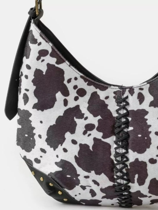 Fame Cow Print Hobo Shoulder Bag with Studded Details - Tigbul's Variety Fashion Shop