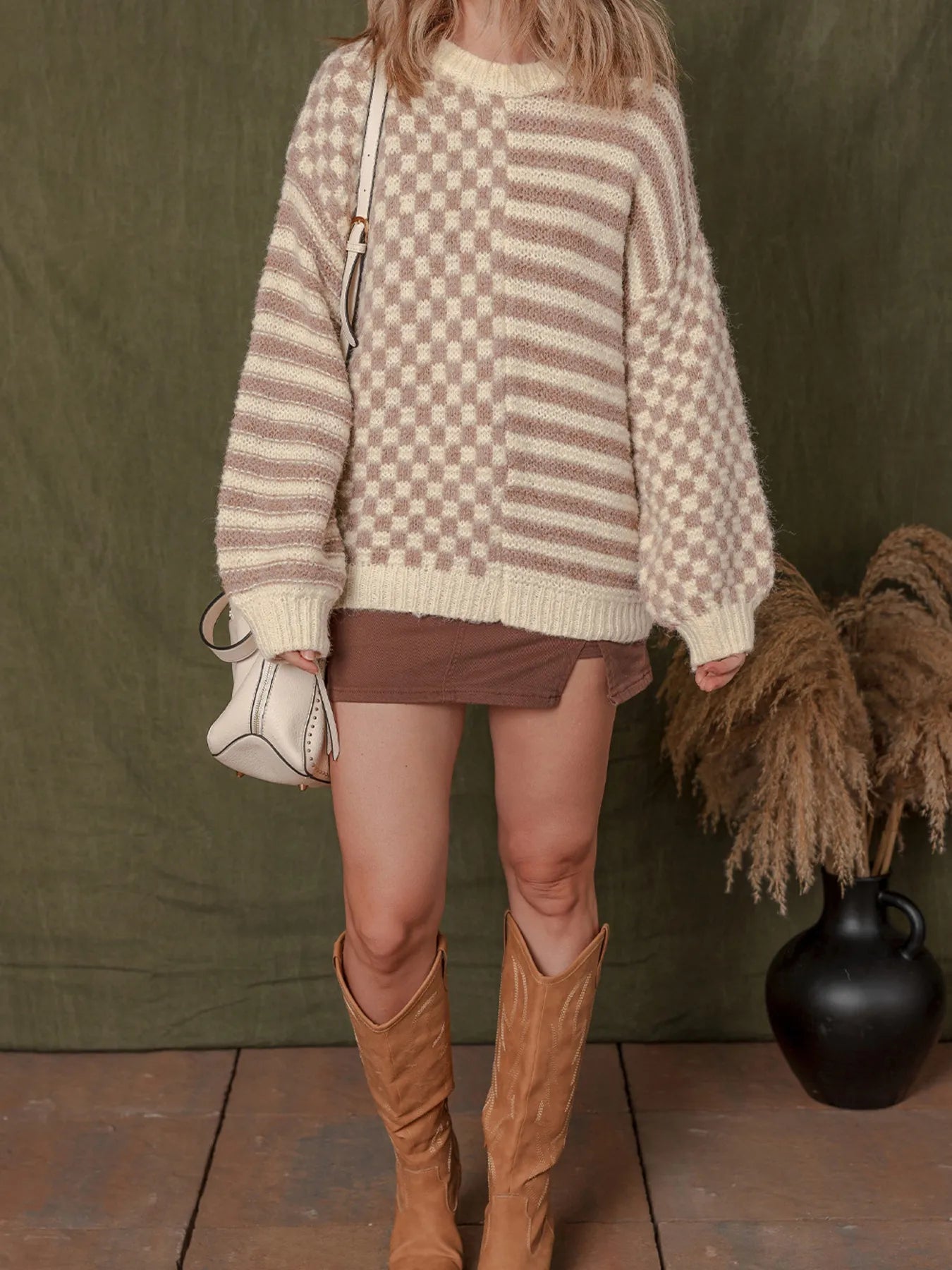 Stripe Checkerboard Drop Shoulder Balloon Sleeve Sweater - Tigbul's Variety Fashion Shop
