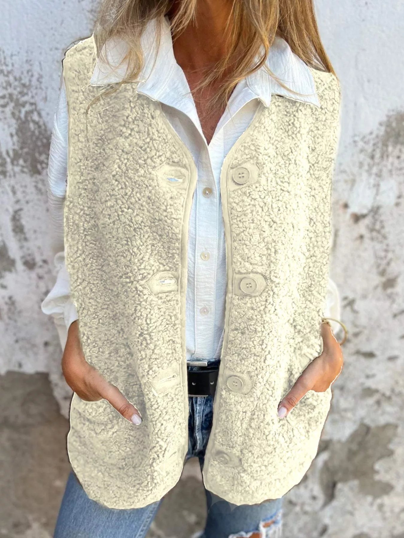 Full Size Cozy Sherpa Fleece Button-Up Vest Coat with Pockets Plus Size - Tigbul's Variety Fashion Shop