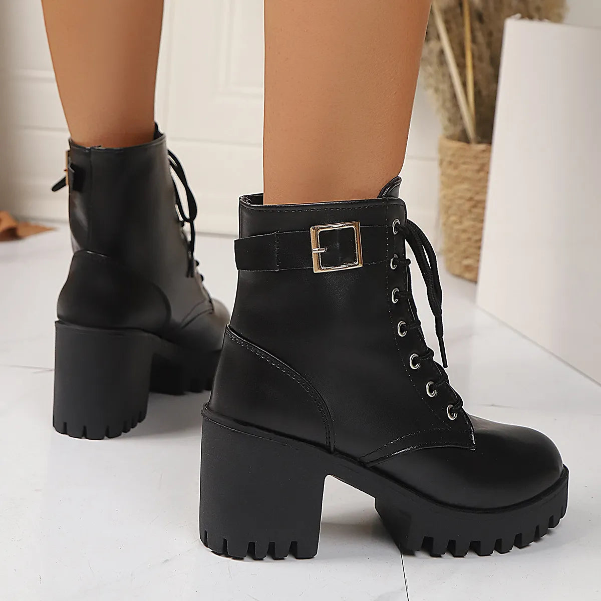 Combat Lace Up Boots with Buckle Straps - Tigbul's Variety Fashion Shop