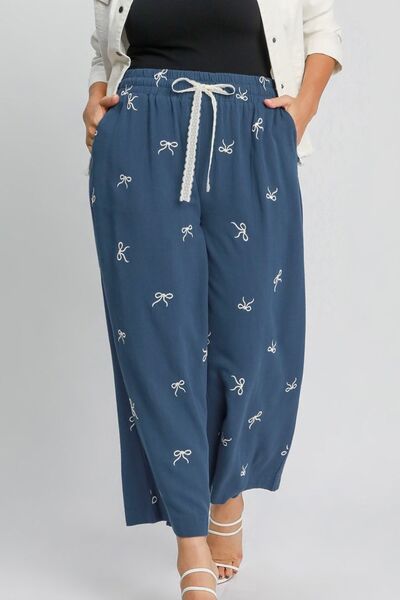 Dusty Blue Lace Drawstring Embroidered Bow Wide Leg Pants - Tigbul's Variety Fashion Shop