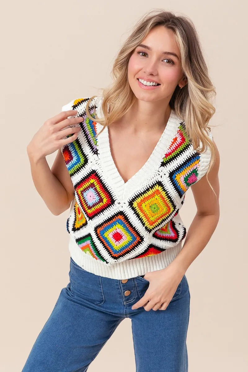 BiBi Diamond Granny Square Sweater Vest - Tigbul's Variety Fashion Shop