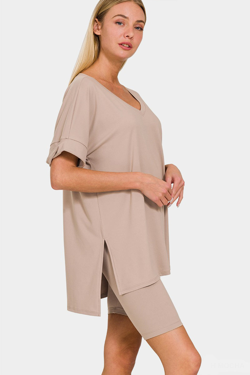 Mocha V-Neck Short Sleeve Slit T-Shirt and Shorts Set - Tigbul's Variety Fashion Shop