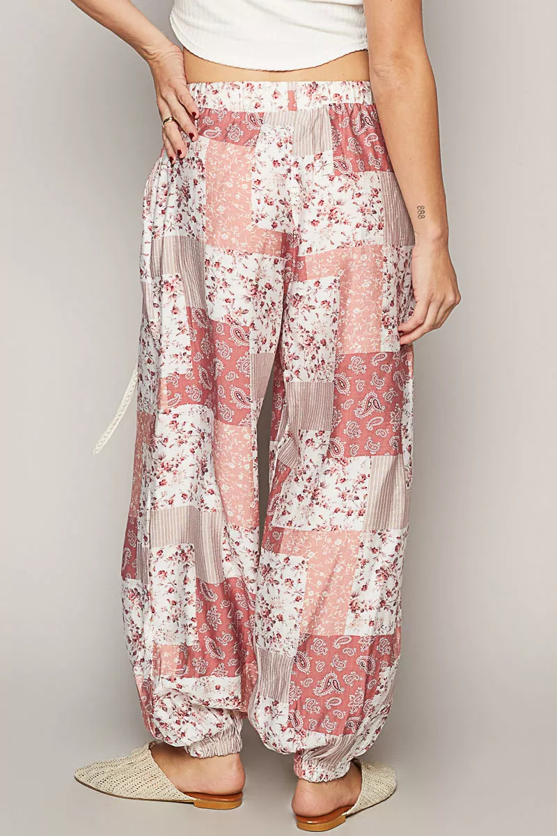 POL Drawstring Floral Patchwork Wide leg Pants - Tigbul's Variety Fashion Shop