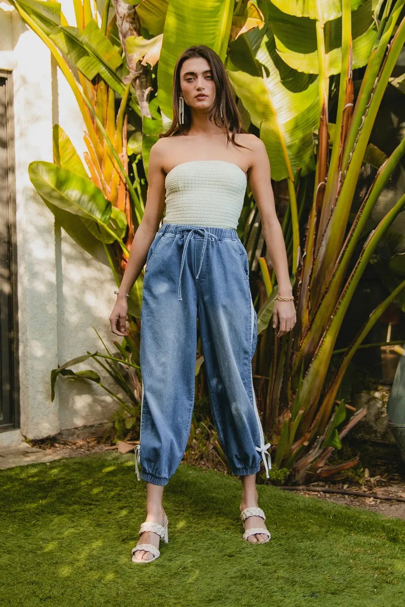 BiBi Striped Tape Details With Bot Tied Point Elastic Waist Jeans - Tigbul's Variety Fashion Shop