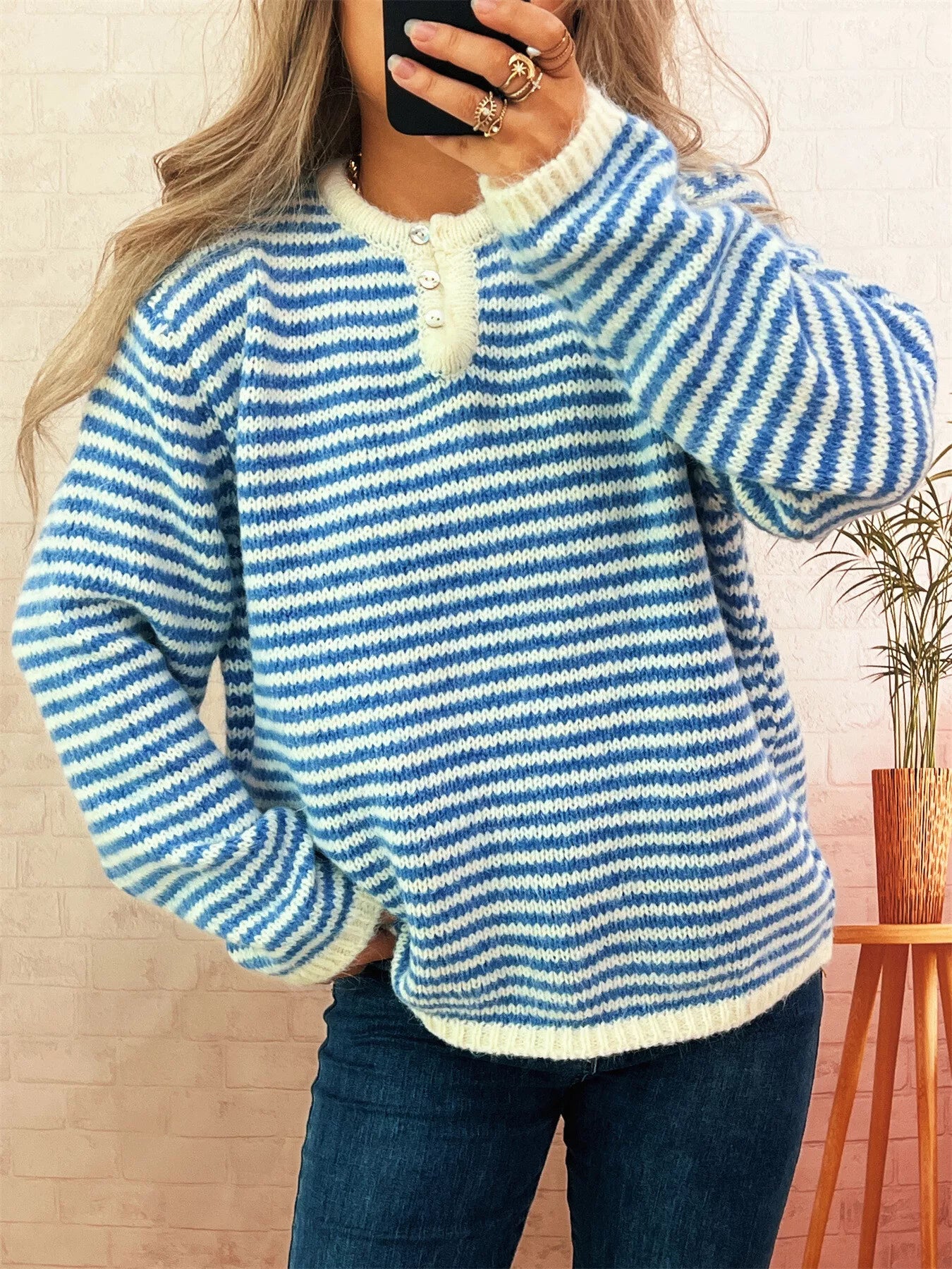 Striped Button Detail Long Sleeve Sweater - Tigbul's Variety Fashion Shop