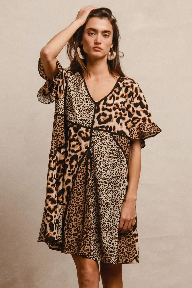 BiBi Leopard Prints Mix and Match Short Sleeves Dress - Tigbul's Variety Fashion Shop