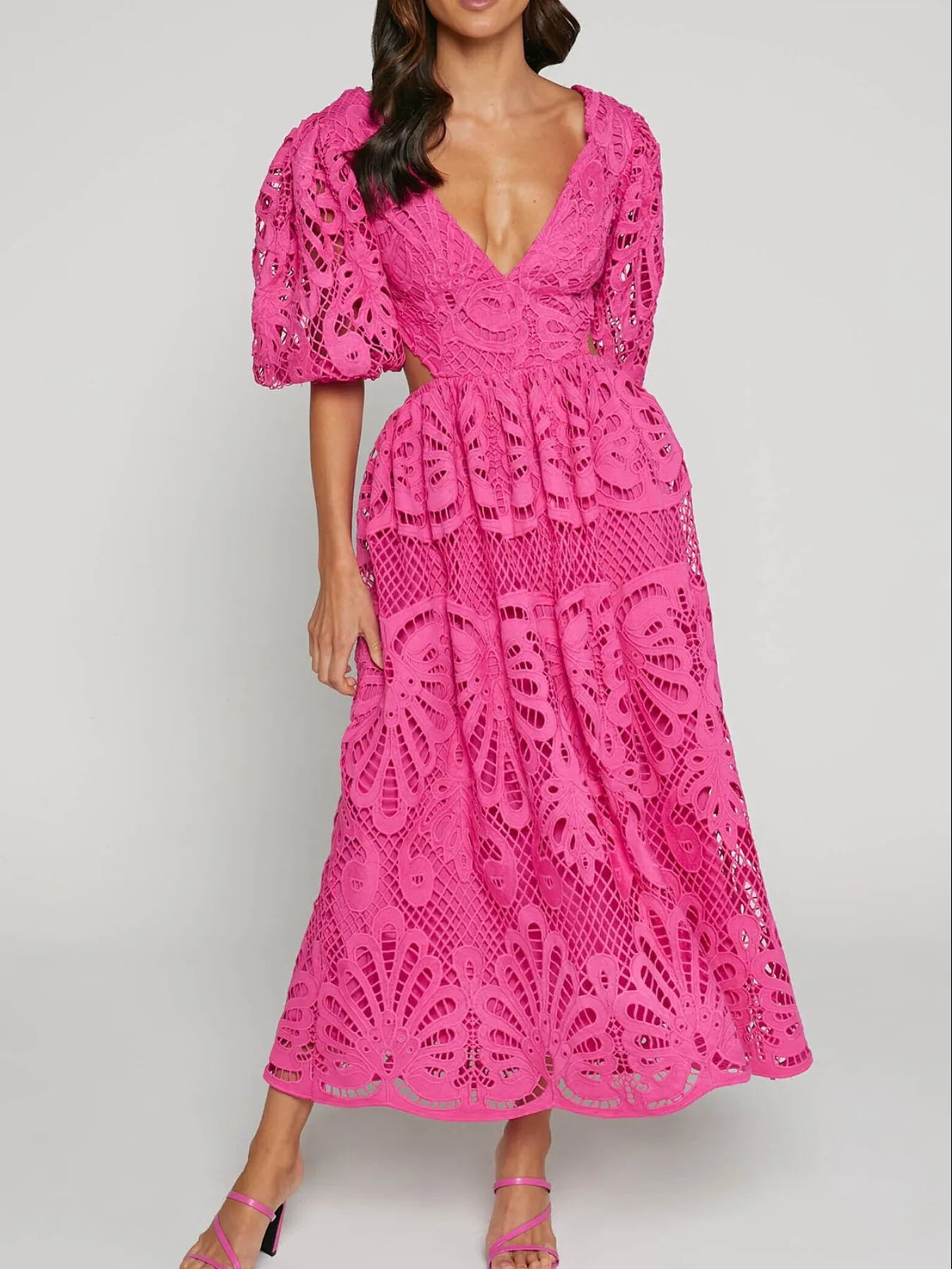 Cutout Back Lace Crochet V-Neck Dress - Tigbul's Variety Fashion Shop