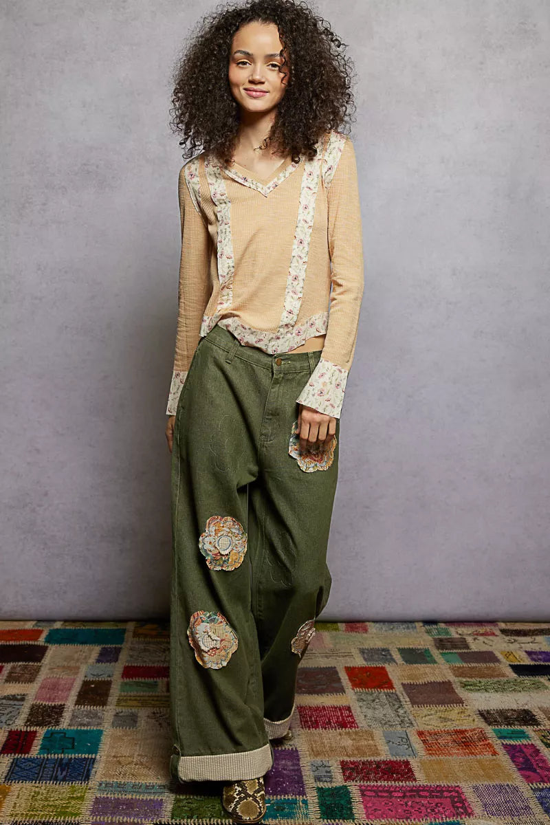 POL Floral Patch V-Neck Long Sleeve Ribbed Top - Tigbul's Variety Fashion Shop