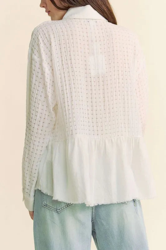White Garment Washed Jacquard Button Front Shirt - Tigbul's Variety Fashion Shop