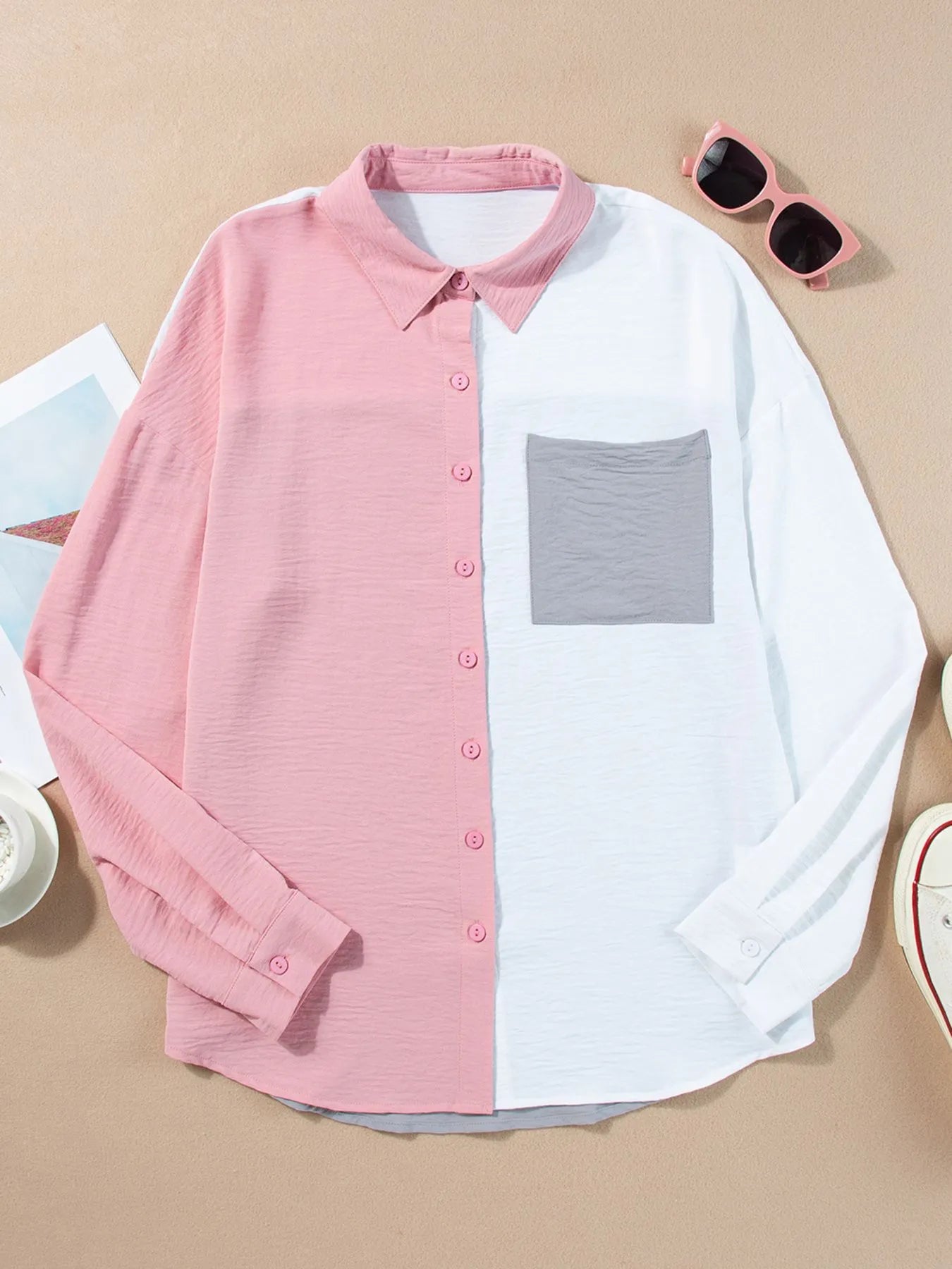 Color Block Oversized Button-Up Shirt with Chest Pocket - Tigbul's Variety Fashion Shop