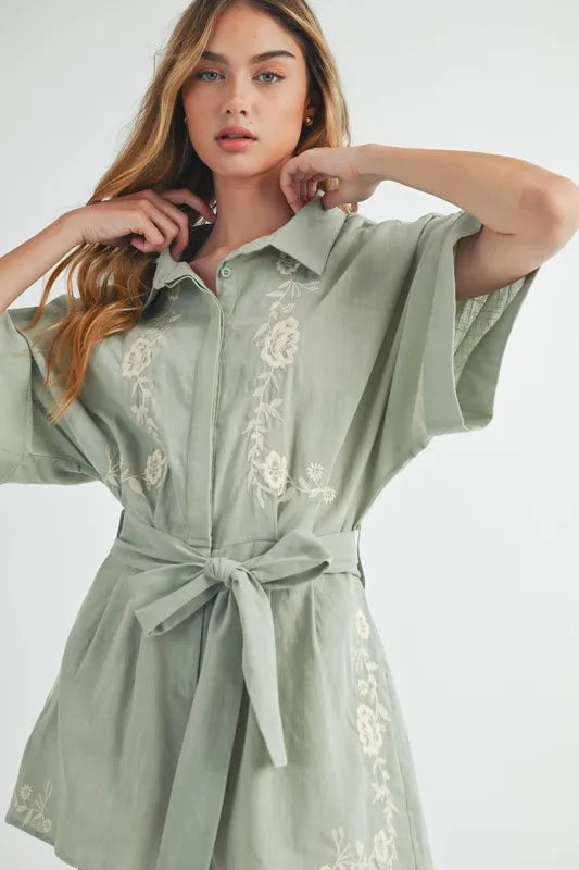 Embroidered Button Down Collared Neck Romper - Tigbul's Variety Fashion Shop