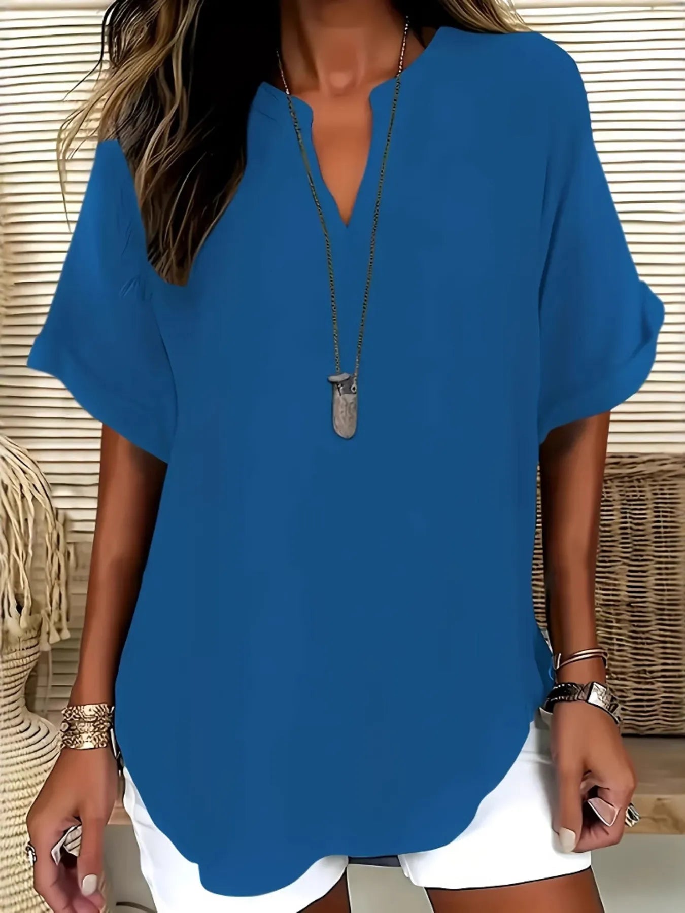 Casual Notched Short Sleeve Blouse - Tigbul's Variety Fashion Shop