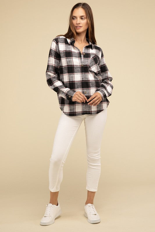 Cotton Plaid Shacket With Front Pocket - Tigbul's Variety Fashion Shop