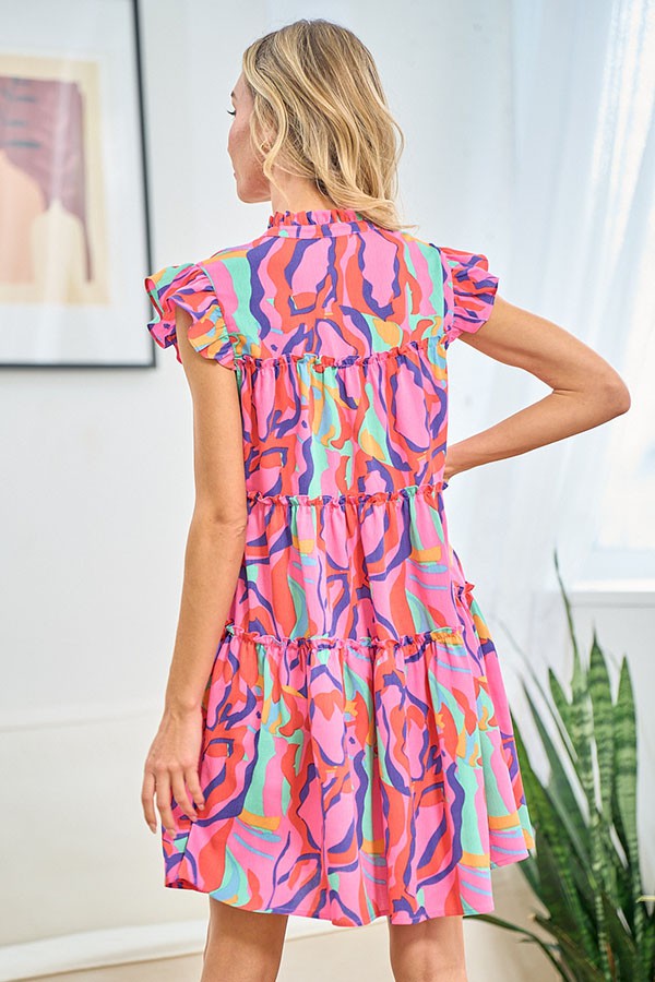 First Love Full Size Printed Ruffle Cap Sleeve Tiered Dress - Tigbul's Variety Fashion Shop