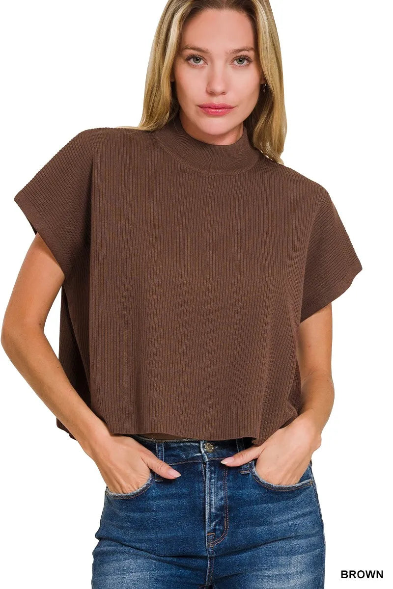 Zenana Viscose Mock Neck Short Sleeve Boxy Sweater - Tigbul's Variety Fashion Shop