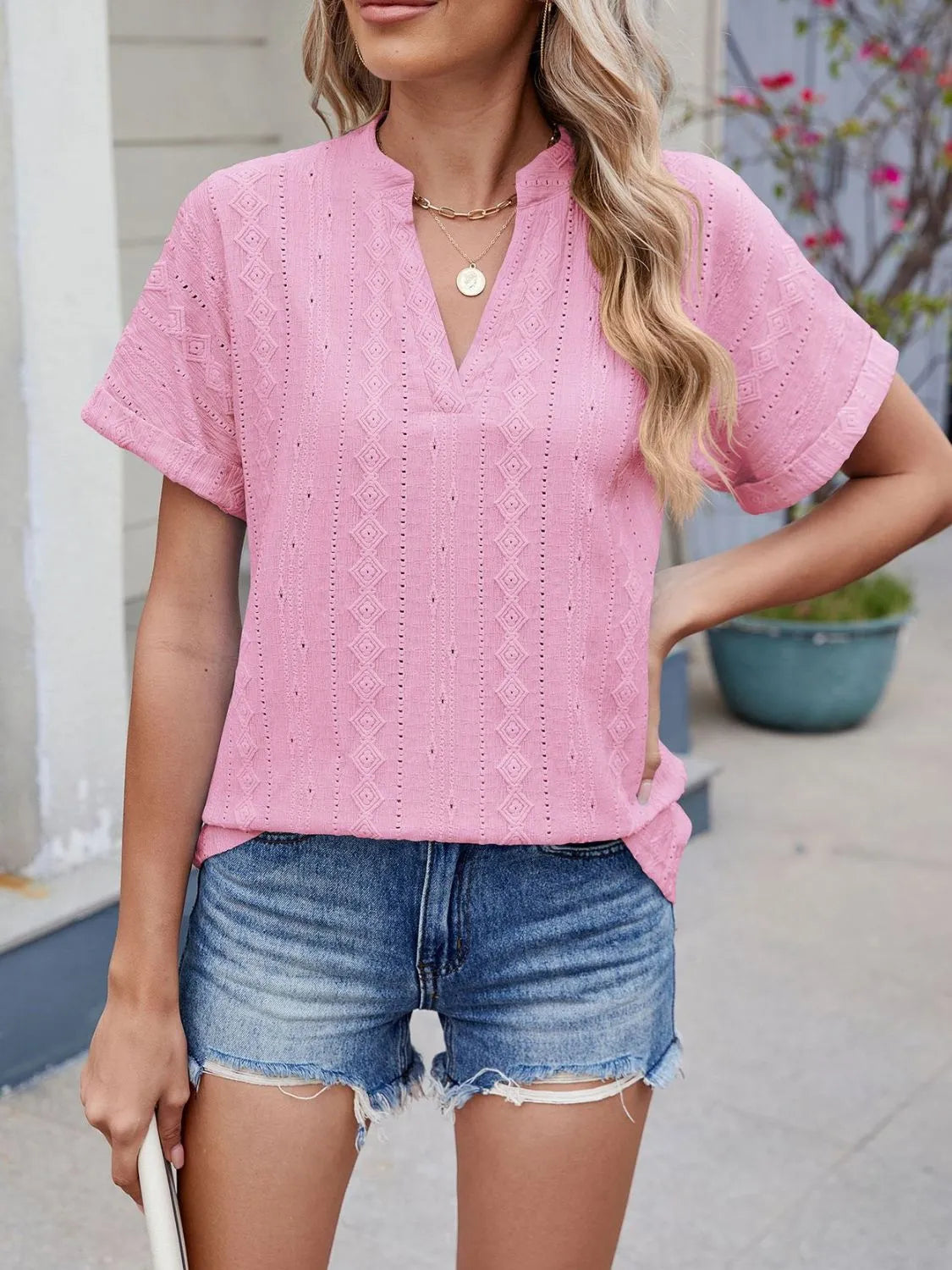 Eyelet Notched Short Sleeve Top - Tigbul's Variety Fashion Shop