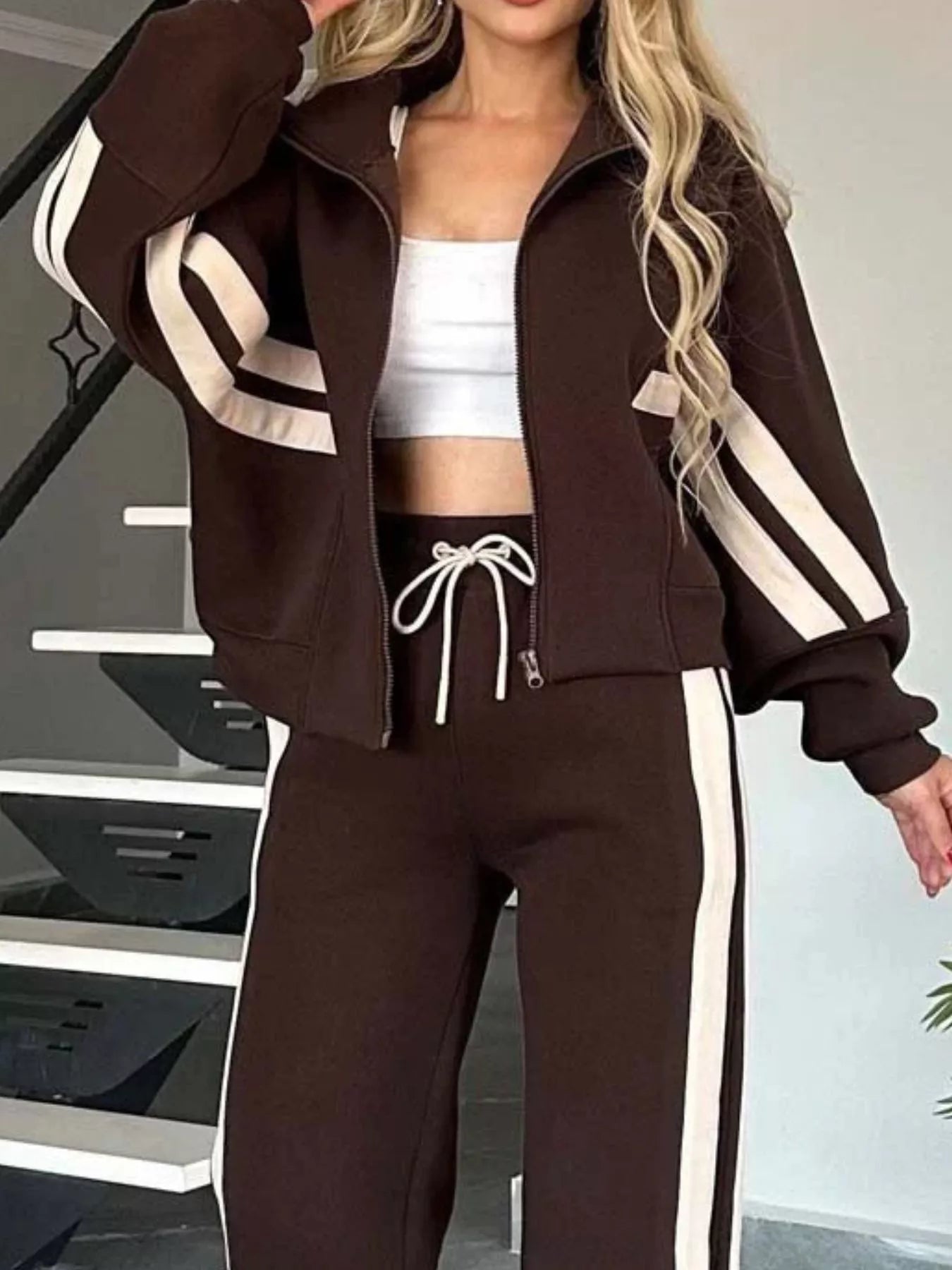 Full Size Contrast Stripe Zip Up Jacket and Pants Set Plus Size - Tigbul's Variety Fashion Shop
