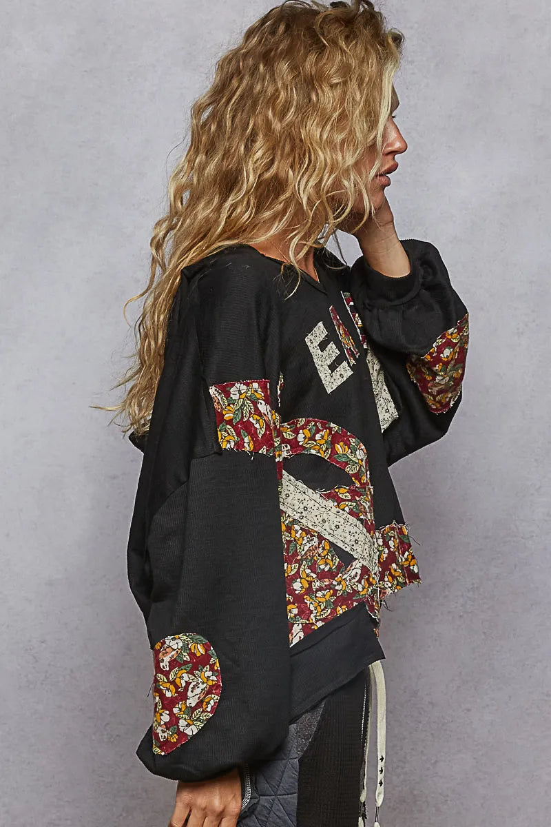 POL Peace Patch Floral Long Sleeve Hoodie - Tigbul's Variety Fashion Shop
