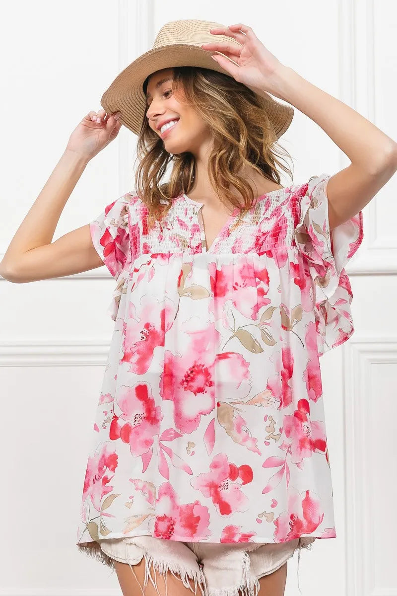 BiBi Floral Print Flutter Sheer Top - Tigbul's Variety Fashion Shop