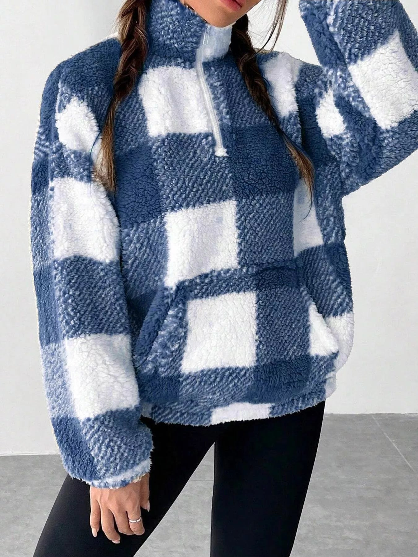 Full Size Plaid Sherpa Long Sleeve Sweatshirt Plus Size - Tigbul's Variety Fashion Shop