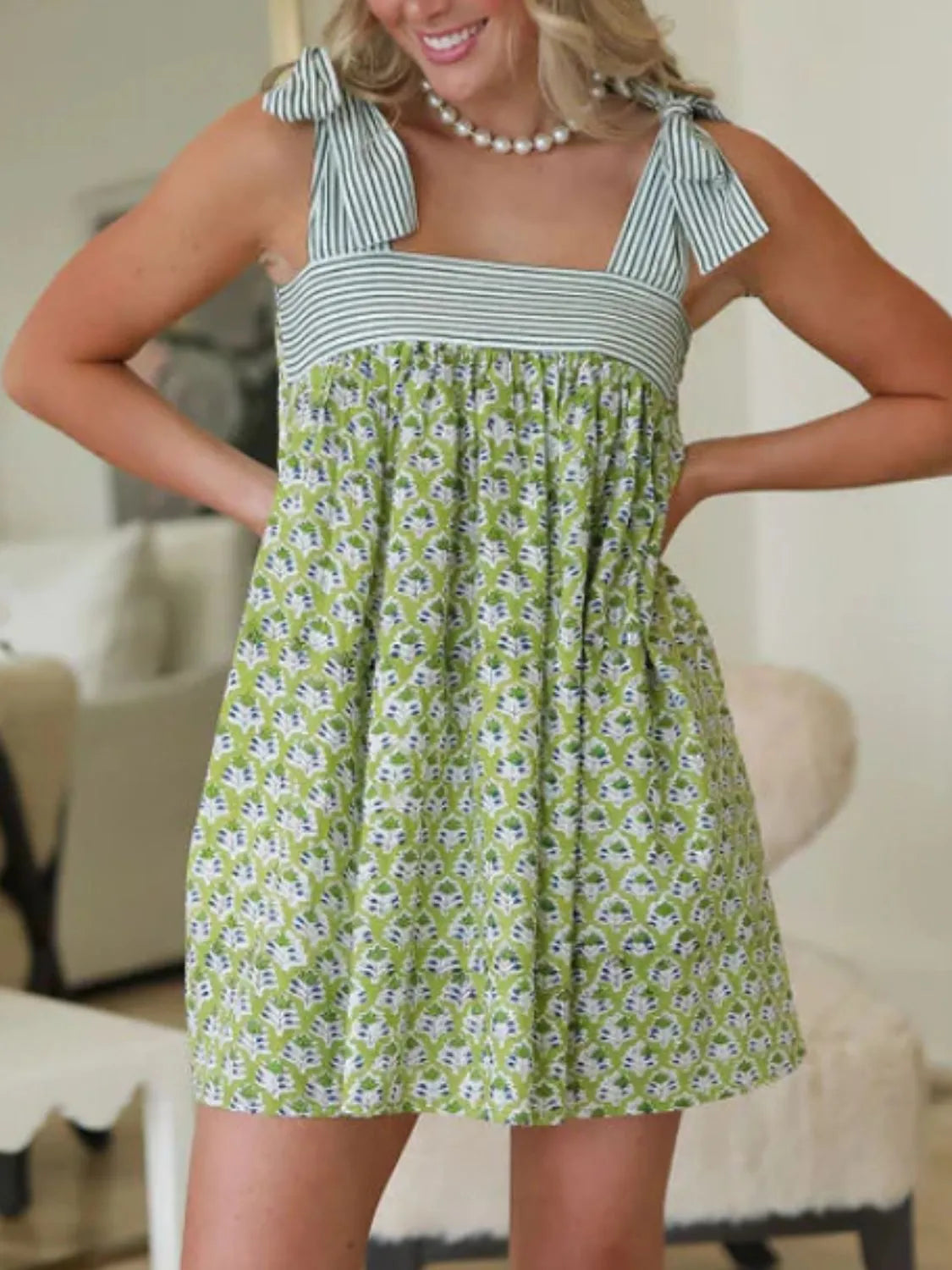 Printed Square Neck Tie Shoulder Mini Dress - Tigbul's Variety Fashion Shop