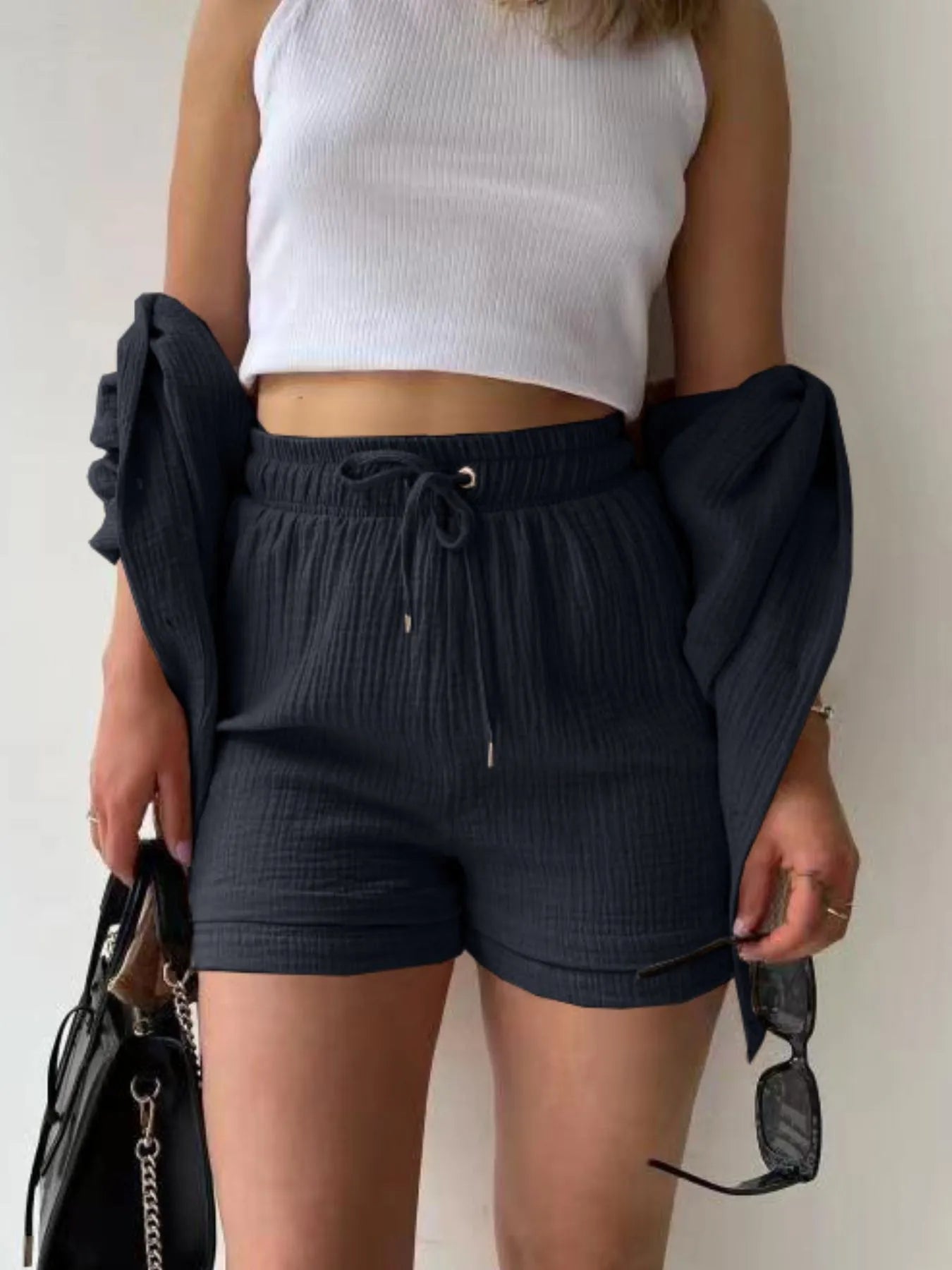 Textured Button Up Shirt and Shorts Set - Tigbul's Variety Fashion Shop