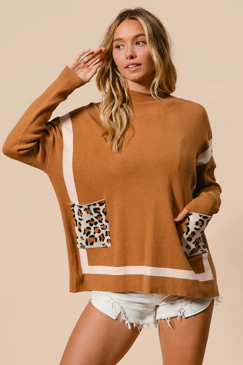 BiBi Mock Neck Sweater with Leopard Pocket - Tigbul's Variety Fashion Shop
