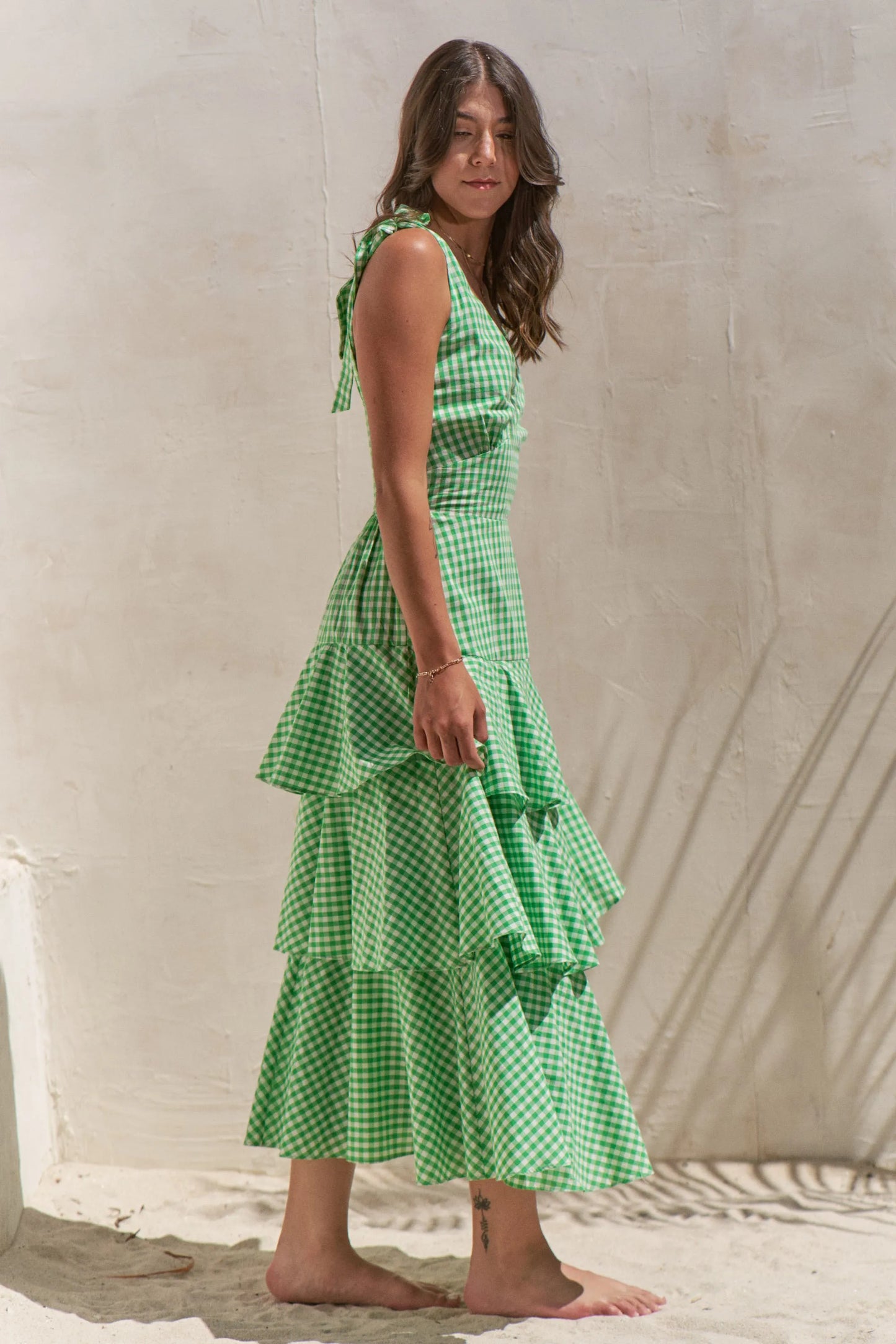 Sleeveless Gingham Print Tiered Green Midi Dress - Tigbul's Variety Fashion Shop