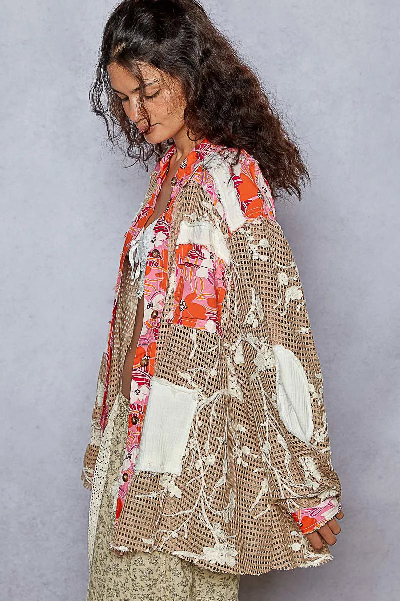POL Floral Print Crochet Button Up Shirt - Tigbul's Variety Fashion Shop