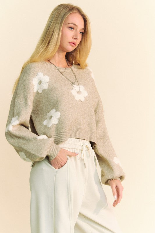 Tan Floral Drop Shoulder Cropped Sweater - Tigbul's Variety Fashion Shop