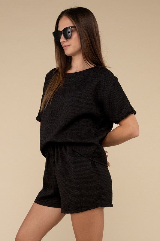 Waffle Round Neck Top and Short Set - Tigbul's Variety Fashion Shop