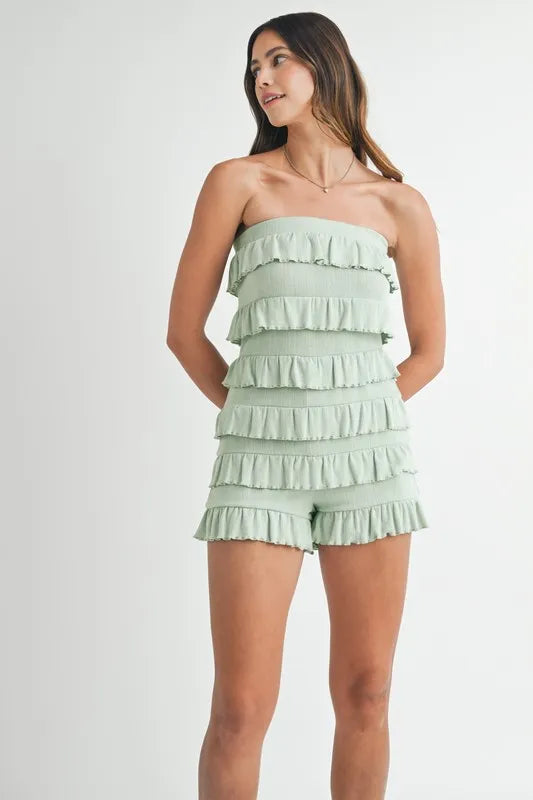 Pointelle Knit Fabric Ruffled Tube Sage Romper - Tigbul's Variety Fashion Shop